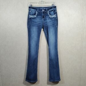 01141 Grace in LA boot cut blue embroidered jeans 26